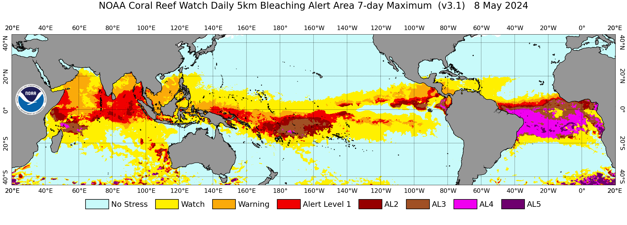 Current daily global 5km 7-Day Maximum Bleaching Alert Area image