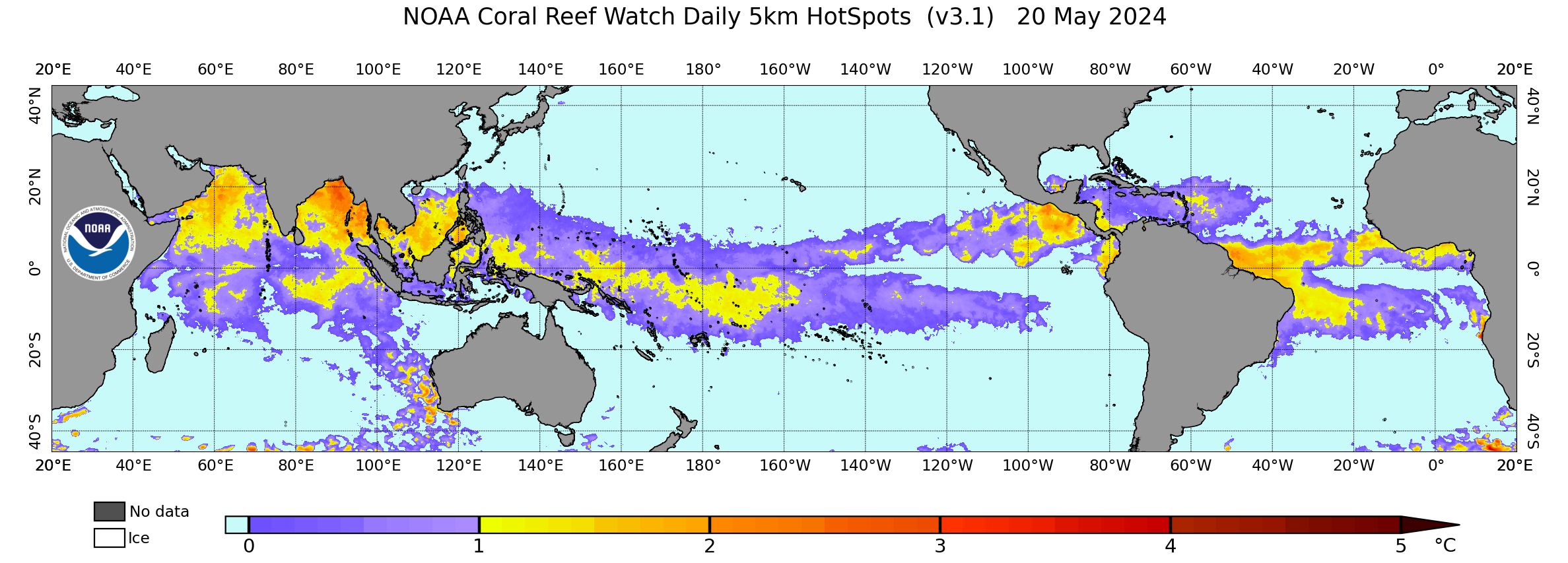 Current daily global 5km Coral Bleaching HotSpot image