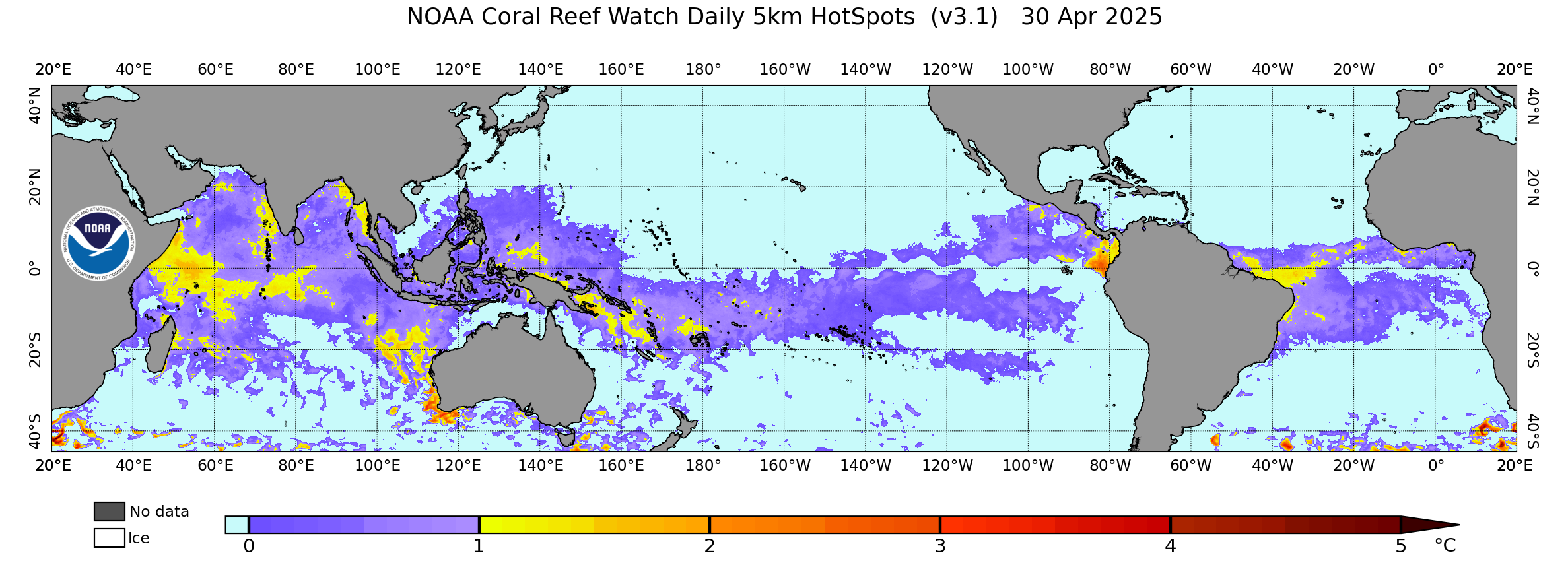 Current daily global 5km Coral Bleaching HotSpot image