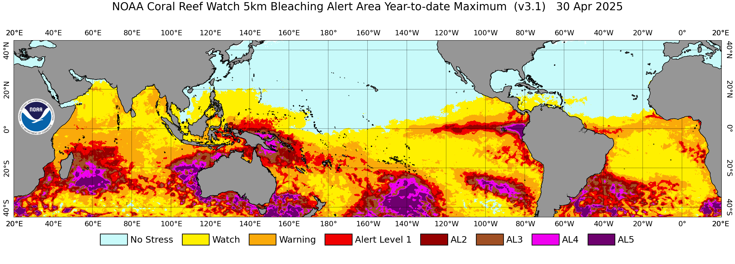 Global Year-to-date 5-km Coral Bleaching Heat Stress Alert Area image