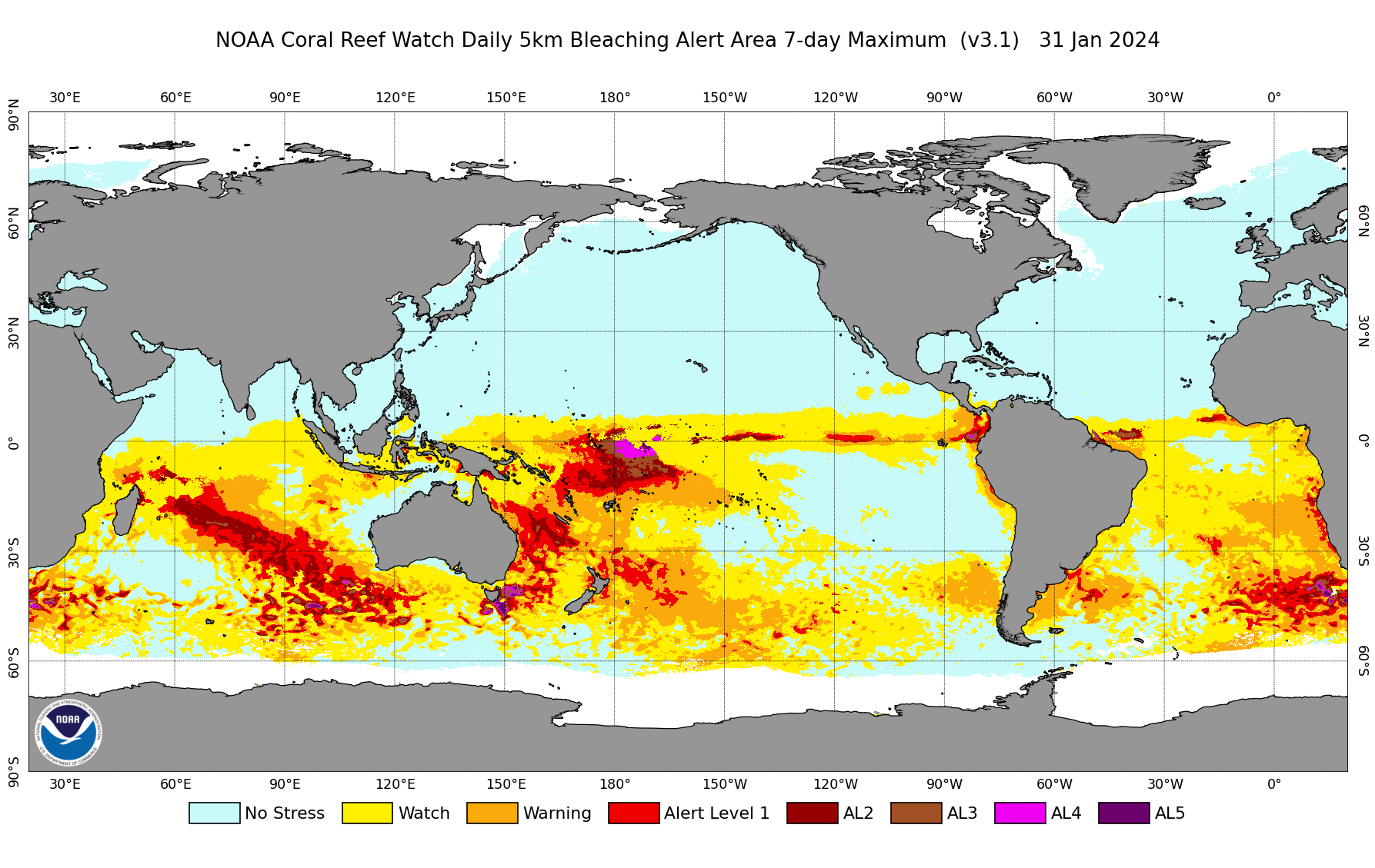 Daily Global 5km Bleaching Alert Area Jan 31 2024