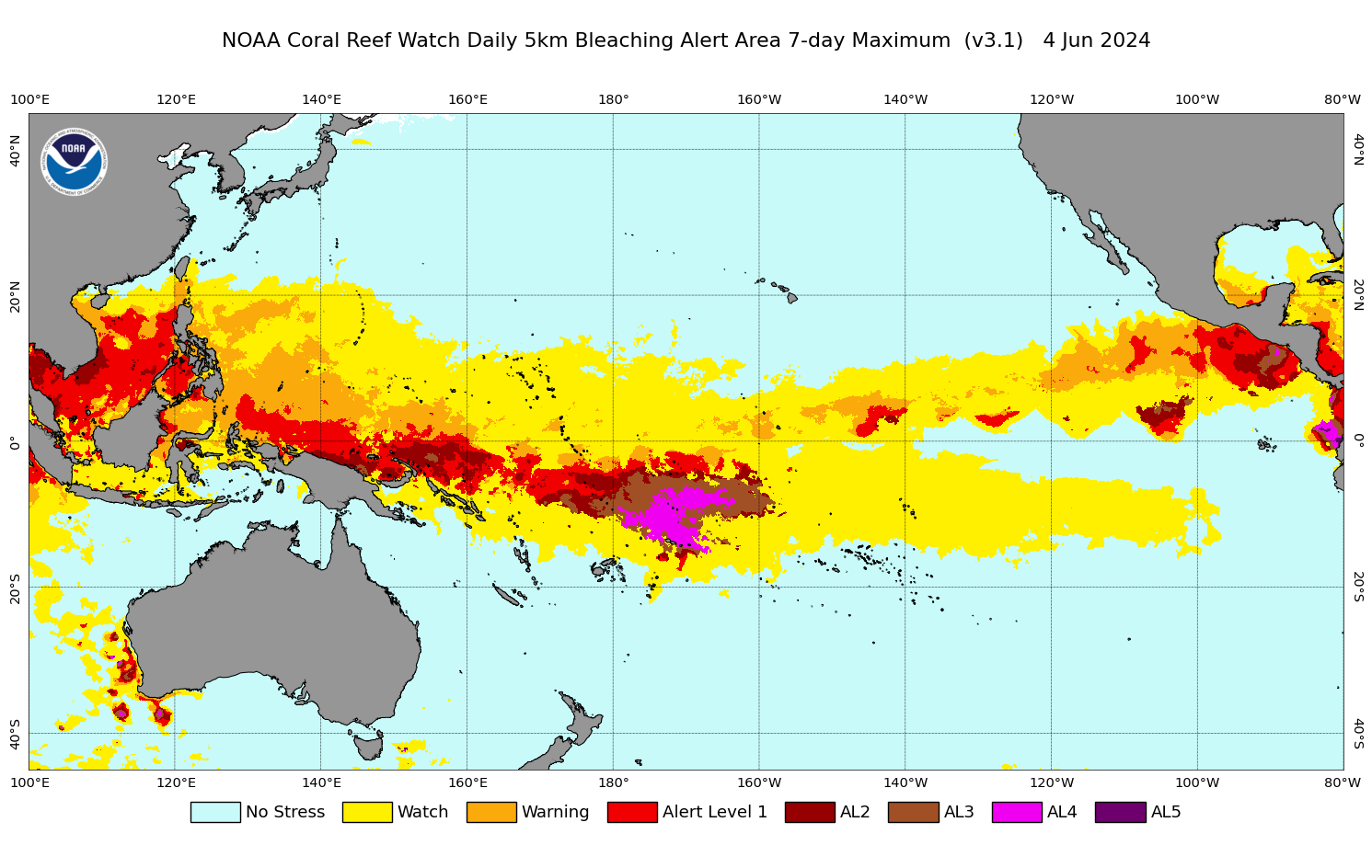 2024 Jun 04 7-day Maximum Composite Bleaching Alert Area map for the Pacific Ocean
