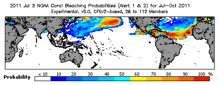 Current Bleaching Heat Stress Outlook Probability - Alert Levels 1 and 2