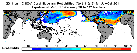 Current Bleaching Heat Stress Outlook Probability - Alert Levels 1 and 2