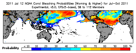 Current Bleaching Heat Stress Outlook Probability - Warning and higher