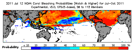 Current Bleaching Heat Stress Outlook Probability - Watch and higher