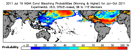 Current Bleaching Heat Stress Outlook Probability - Warning and higher