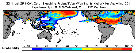 Current Bleaching Heat Stress Outlook Probability - Warning and higher