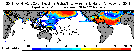 Current Bleaching Heat Stress Outlook Probability - Warning and higher