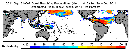 Current Bleaching Heat Stress Outlook Probability - Alert Levels 1 and 2