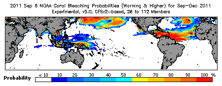 Current Bleaching Heat Stress Outlook Probability - Warning and higher