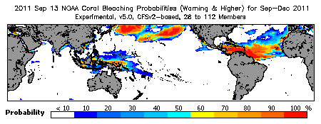 Current Bleaching Heat Stress Outlook Probability - Warning and higher