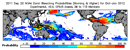 Current Bleaching Heat Stress Outlook Probability - Warning and higher