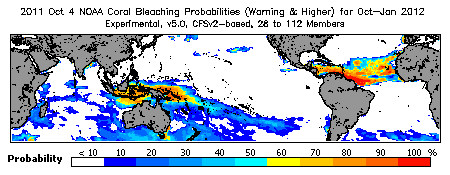 Current Bleaching Heat Stress Outlook Probability - Warning and higher