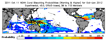 Current Bleaching Heat Stress Outlook Probability - Warning and higher