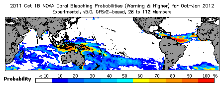 Current Bleaching Heat Stress Outlook Probability - Warning and higher