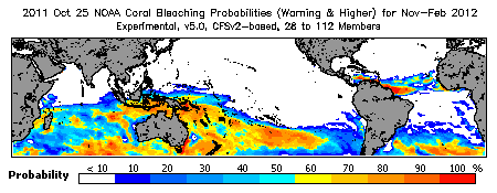 Current Bleaching Heat Stress Outlook Probability - Warning and higher