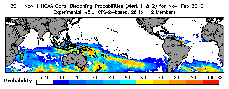 Current Bleaching Heat Stress Outlook Probability - Alert Levels 1 and 2