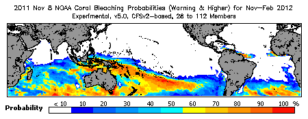 Current Bleaching Heat Stress Outlook Probability - Warning and higher