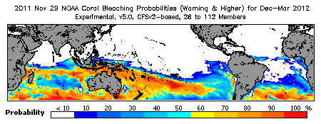 Current Bleaching Heat Stress Outlook Probability - Warning and higher