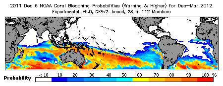 Current Bleaching Heat Stress Outlook Probability - Warning and higher