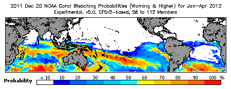 Current Bleaching Heat Stress Outlook Probability - Warning and higher