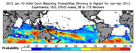 Current Bleaching Heat Stress Outlook Probability - Warning and higher