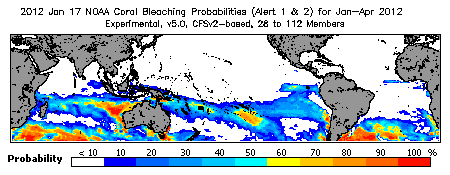 Current Bleaching Heat Stress Outlook Probability - Alert Levels 1 and 2