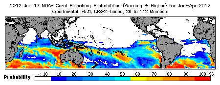 Current Bleaching Heat Stress Outlook Probability - Warning and higher