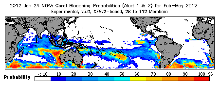 Current Bleaching Heat Stress Outlook Probability - Alert Levels 1 and 2