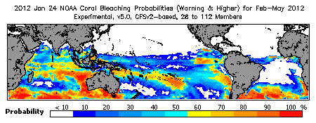 Current Bleaching Heat Stress Outlook Probability - Warning and higher