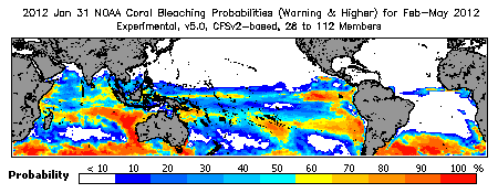 Current Bleaching Heat Stress Outlook Probability - Warning and higher