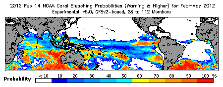 Current Bleaching Heat Stress Outlook Probability - Warning and higher