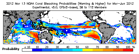 Current Bleaching Heat Stress Outlook Probability - Warning and higher