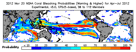 Current Bleaching Heat Stress Outlook Probability - Warning and higher