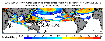 Current Bleaching Heat Stress Outlook Probability - Warning and higher