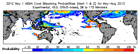 Current Bleaching Heat Stress Outlook Probability - Alert Levels 1 and 2