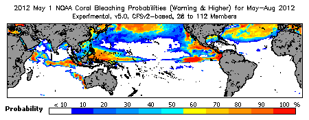 Current Bleaching Heat Stress Outlook Probability - Warning and higher