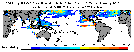 Current Bleaching Heat Stress Outlook Probability - Alert Levels 1 and 2