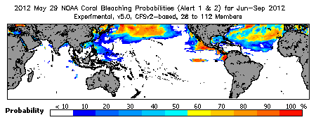 Current Bleaching Heat Stress Outlook Probability - Alert Levels 1 and 2