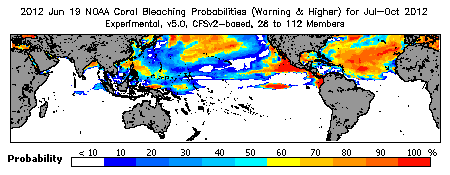 Current Bleaching Heat Stress Outlook Probability - Warning and higher