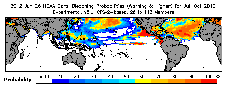 Current Bleaching Heat Stress Outlook Probability - Warning and higher