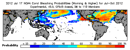 Current Bleaching Heat Stress Outlook Probability - Warning and higher