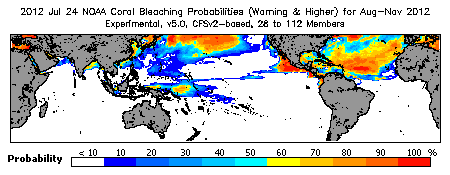 Current Bleaching Heat Stress Outlook Probability - Warning and higher