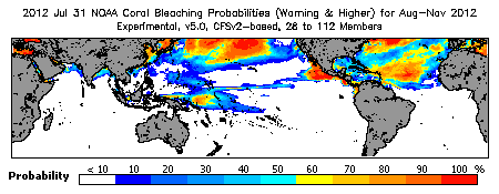 Current Bleaching Heat Stress Outlook Probability - Warning and higher