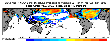 Current Bleaching Heat Stress Outlook Probability - Warning and higher