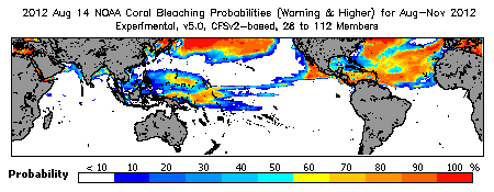 Current Bleaching Heat Stress Outlook Probability - Warning and higher