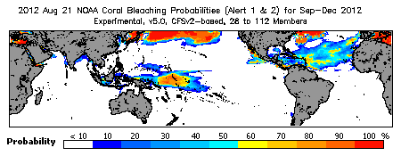 Current Bleaching Heat Stress Outlook Probability - Alert Levels 1 and 2