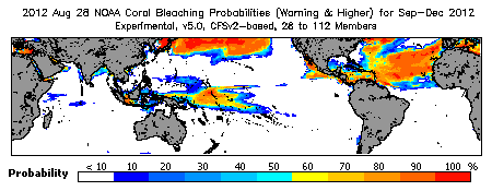 Current Bleaching Heat Stress Outlook Probability - Warning and higher