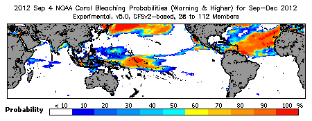 Current Bleaching Heat Stress Outlook Probability - Warning and higher